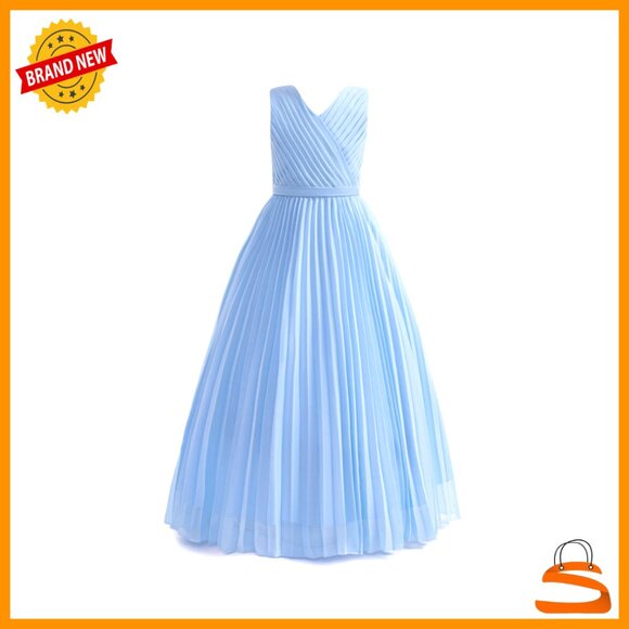 Girls Formal Pleated Maxi Dress V-Neck Sleeveless Wedding Guest Gown